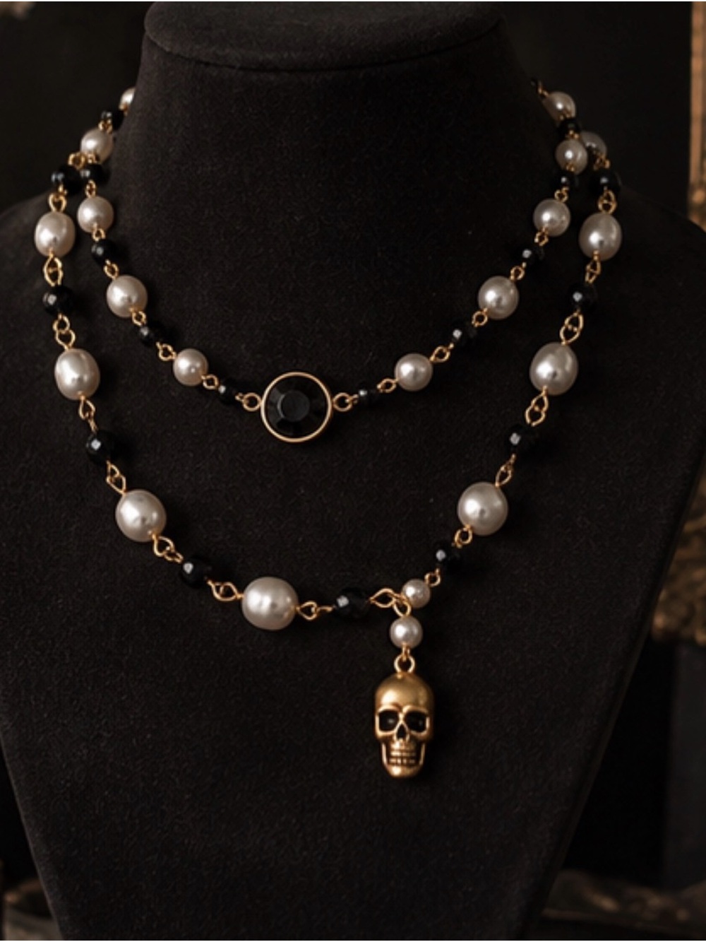 Gold Skull Pearl Layered Necklace - Black onyx  and White fresh water pearls